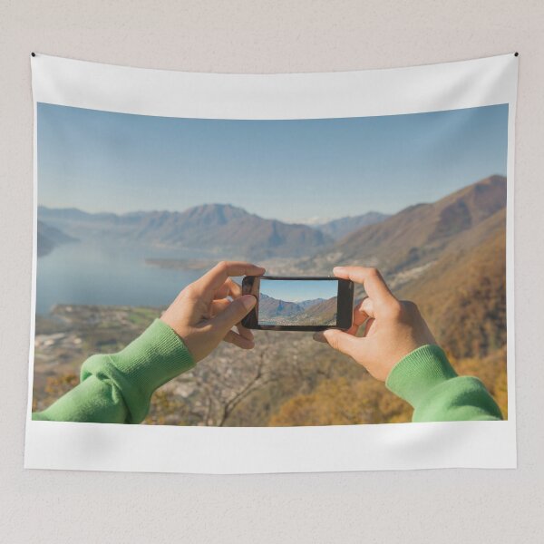 Item preview, Woman Taking a Photo of the Mountain and Alpine Lake with Mobile Phone designed and sold by Mats Silvan.