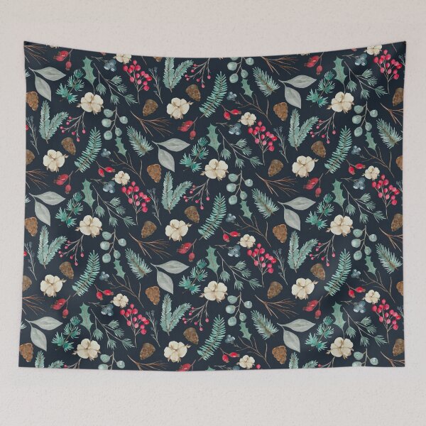 Item preview, Watercolor winter Christmas greenery and berries at night designed and sold by TinyFlowerArt.