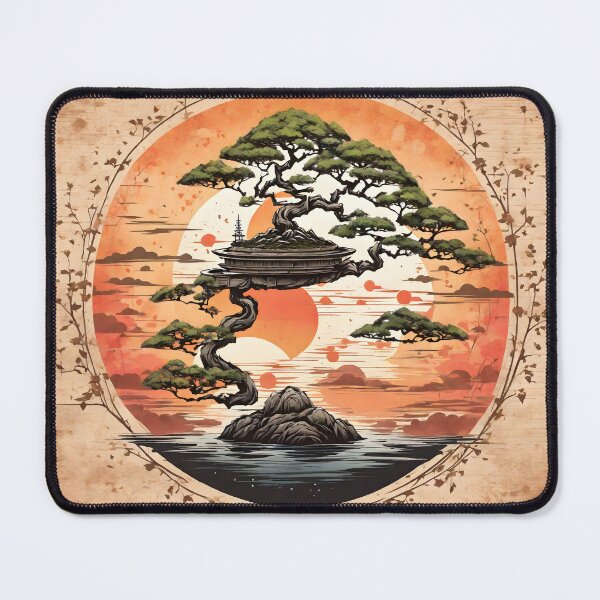 Item preview, A shirt graphic of a magical bonsai, heavy texture, circle design, sunset background,Japan style designed and sold by RAILGUNWII.