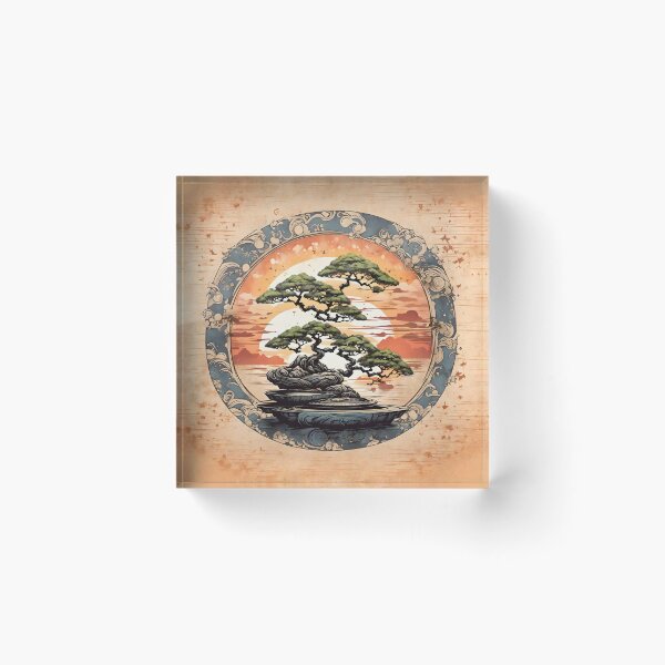 Item preview, A shirt graphic of a magical bonsai, heavy texture, circle design, sunset background,Japan style designed and sold by RAILGUNWII.