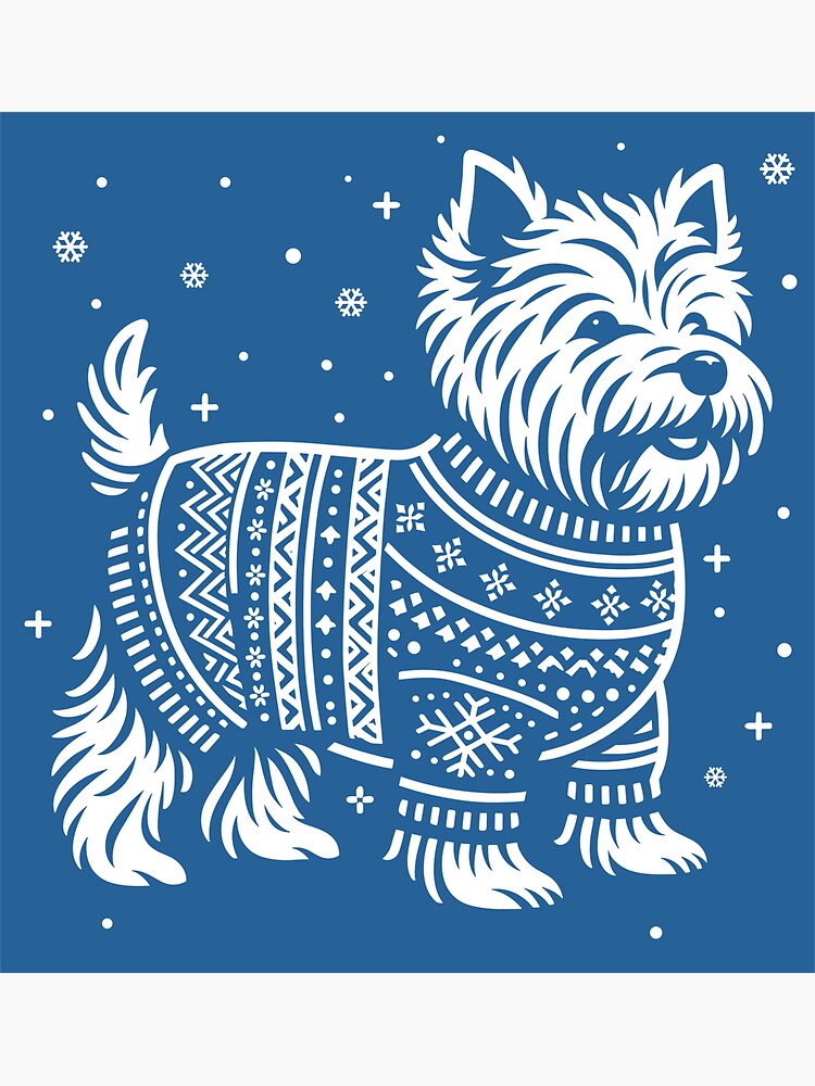 Thumbnail 3 of 3, Sticker, Christmas Westie, West Highland Terrier Dog Wearing a Winter Sweater Blue designed and sold by hidden-design.