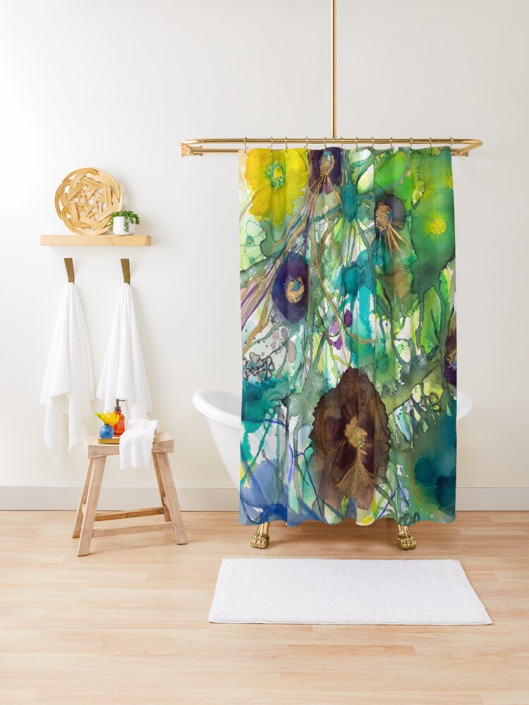 Thumbnail 1 of 5, Shower Curtain, Abstract nature in green and blue designed and sold by BirgitteB.