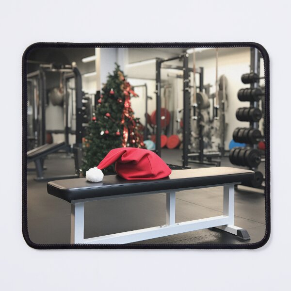 Item preview, santa claus hat on gym bench designed and sold by dcrc.