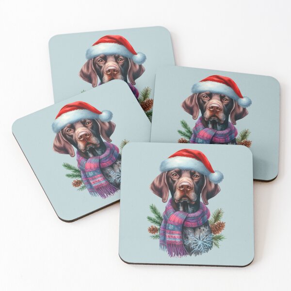 Item preview, German Shorthaired Pointer in the Snow with a Santa Hat - Braque Francais Christmas Painting - Silvery Background designed and sold by Star-Fragment.