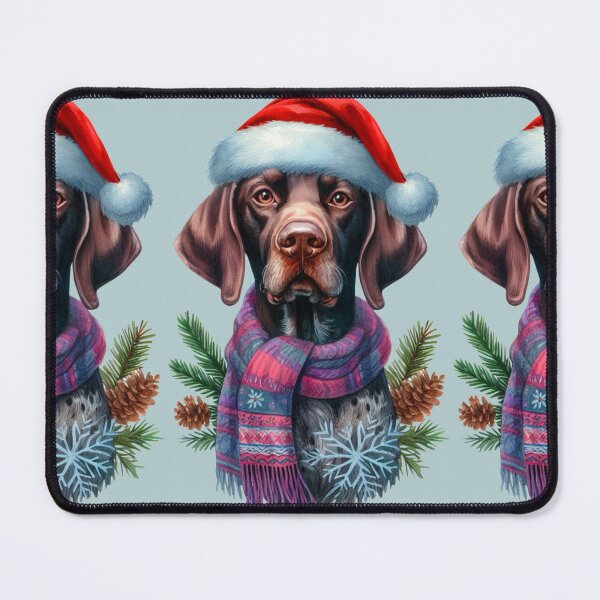 Item preview, German Shorthaired Pointer in the Snow with a Santa Hat - Braque Francais Christmas Painting - Silvery Background designed and sold by Star-Fragment.