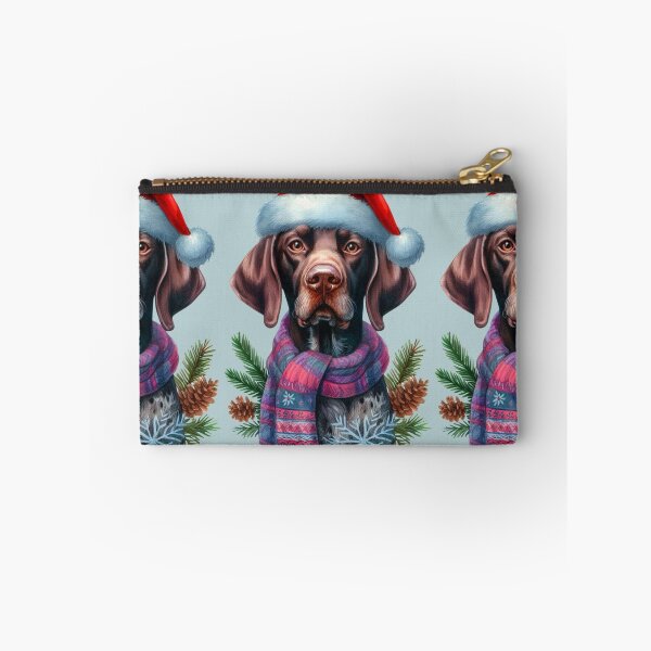 Item preview, German Shorthaired Pointer in the Snow with a Santa Hat - Braque Francais Christmas Painting - Silvery Background designed and sold by Star-Fragment.