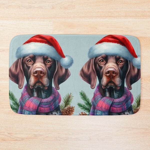 Item preview, German Shorthaired Pointer in the Snow with a Santa Hat - Braque Francais Christmas Painting - Silvery Background designed and sold by Star-Fragment.