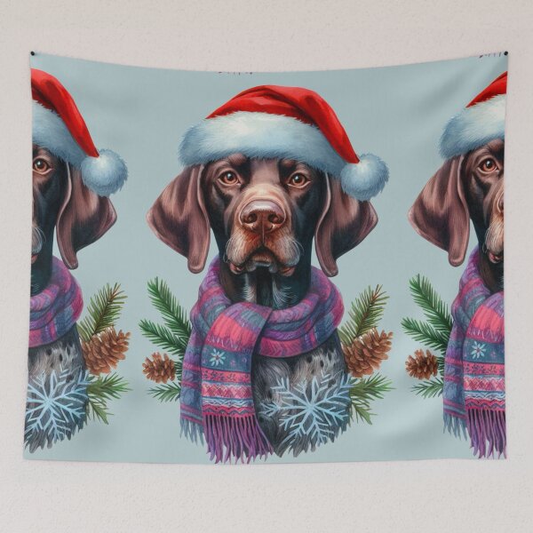 Item preview, German Shorthaired Pointer in the Snow with a Santa Hat - Braque Francais Christmas Painting - Silvery Background designed and sold by Star-Fragment.