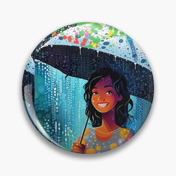 Item preview, Long live the rain! Smiling brunette girl in multicolored sheltered under her umbrella, designed and sold by Creativesphotos.