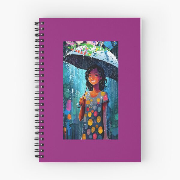 Item preview, Long live the rain! Smiling brunette girl in multicolored sheltered under her umbrella, designed and sold by Creativesphotos.