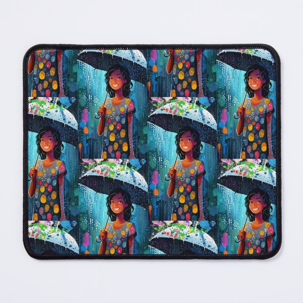 Item preview, Long live the rain! Smiling brunette girl in multicolored sheltered under her umbrella, designed and sold by Creativesphotos.