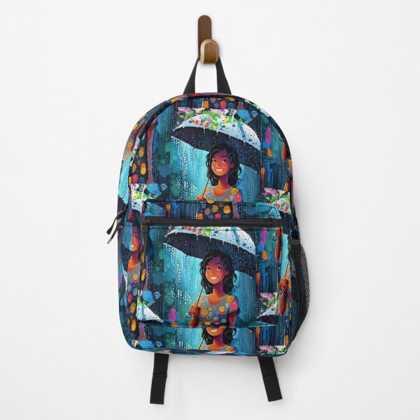 Item preview, Long live the rain! Smiling brunette girl in multicolored sheltered under her umbrella, designed and sold by Creativesphotos.