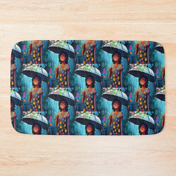 Item preview, Long live the rain! Smiling brunette girl in multicolored sheltered under her umbrella, designed and sold by Creativesphotos.