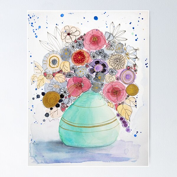 Turquoise vase with fantasy flowers Poster