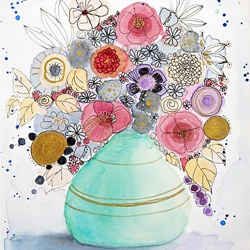Artwork thumbnail, Turquoise vase with fantasy flowers by Birgitte Bjorholm