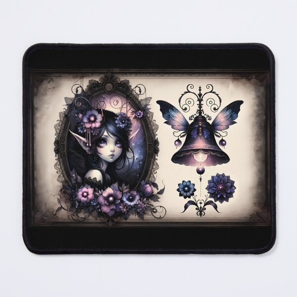 Item preview, Arte de fantasía anime Elf Fairy Girl, tema floral oscuro con campanillas y encaje en morado y azul designed and sold by coreexpressions.