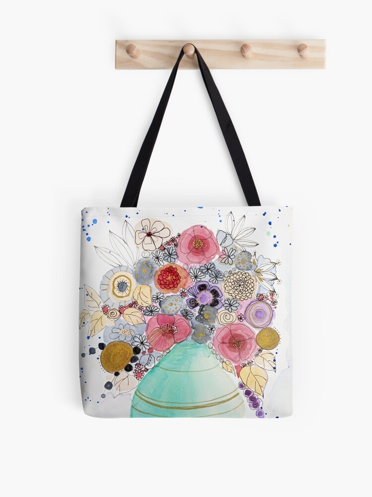 Thumbnail 1 of 2, Tote Bag, Turquoise vase with fantasy flowers designed and sold by BirgitteB.