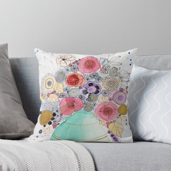 Turquoise vase with fantasy flowers Throw Pillow