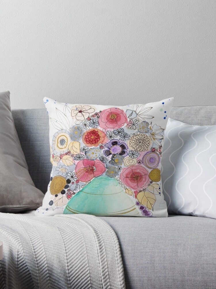 Thumbnail 1 of 4, Pillow, Turquoise vase with fantasy flowers designed and sold by BirgitteB.