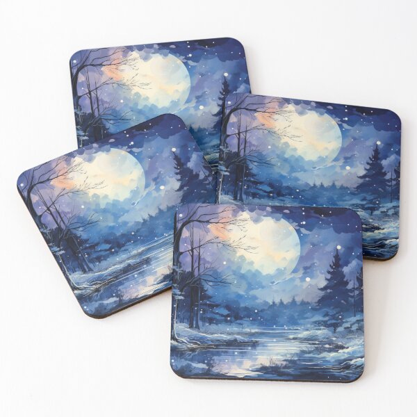 Item preview, landscape with moon winter forest at night with moonlight filtering through trees designed and sold by frequent-art.