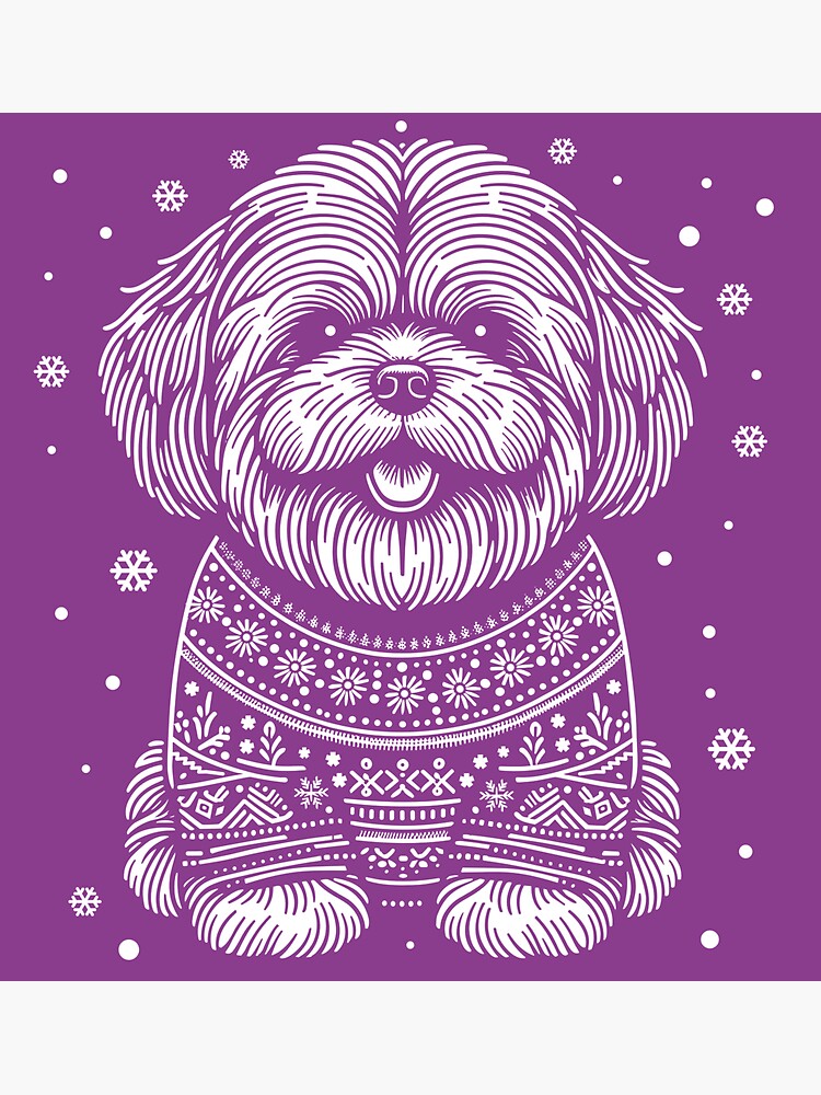 Thumbnail 3 of 3, Sticker, Christmas Lhasa Apso Dog Wearing an Ugly Sweater Purple designed and sold by hidden-design.