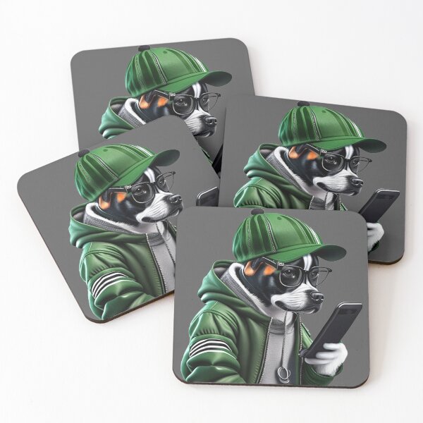 Item preview, Stylish Canine Explorer: Migru Dog in Human Clothes, Military Green Baseball Cap, Striped Hooded Jacket, Ponytail, and Glasses, Scrolling on Mobile Phone designed and sold by GranitTR.