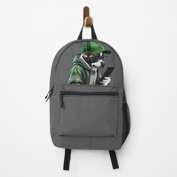 Item preview, Stylish Canine Explorer: Migru Dog in Human Clothes, Military Green Baseball Cap, Striped Hooded Jacket, Ponytail, and Glasses, Scrolling on Mobile Phone designed and sold by GranitTR.