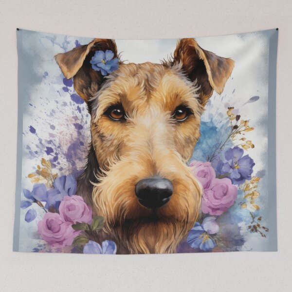 Item preview, beautiful Airedale Terrier dog with blue flowers designed and sold by WallyPink.