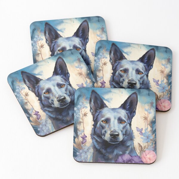 Item preview, Australian Kelpie dog art in blue flowers designed and sold by WallyPink.