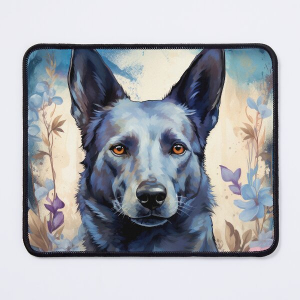 Item preview, Australian Kelpie dog art in blue flowers designed and sold by WallyPink.