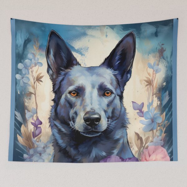 Item preview, Australian Kelpie dog art in blue flowers designed and sold by WallyPink.