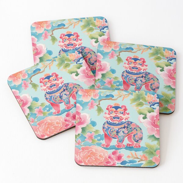Item preview, Foo Dog preppy chinoiserie watercolor painting designed and sold by SophieClimaArt.