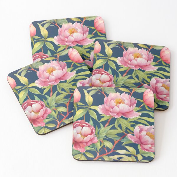 Item preview, Watercolor peonies and branches on navy blue background designed and sold by SophieClimaArt.