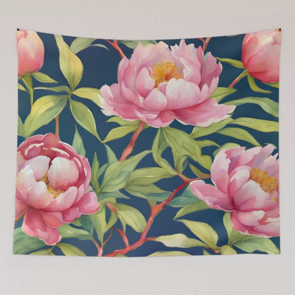 Item preview, Watercolor peonies and branches on navy blue background designed and sold by SophieClimaArt.
