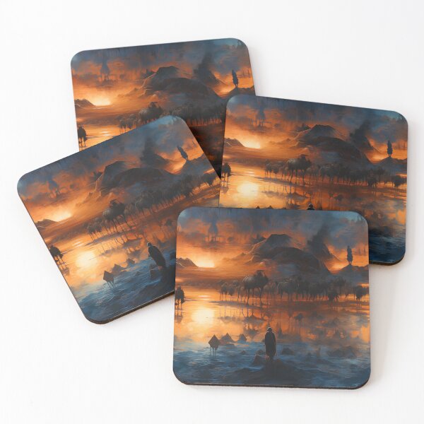 Item preview, Orientalist Mirage: Desert Caravan Silhouettes Amid Golden Sands and Azure Skyline designed and sold by polonuim210.