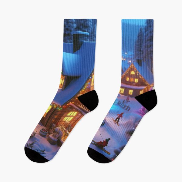 Item preview, Winter Cottages- with- colorfull ligths and snowy pine trees - childrens playing ski, 3d digital art  designed and sold by erkabees.