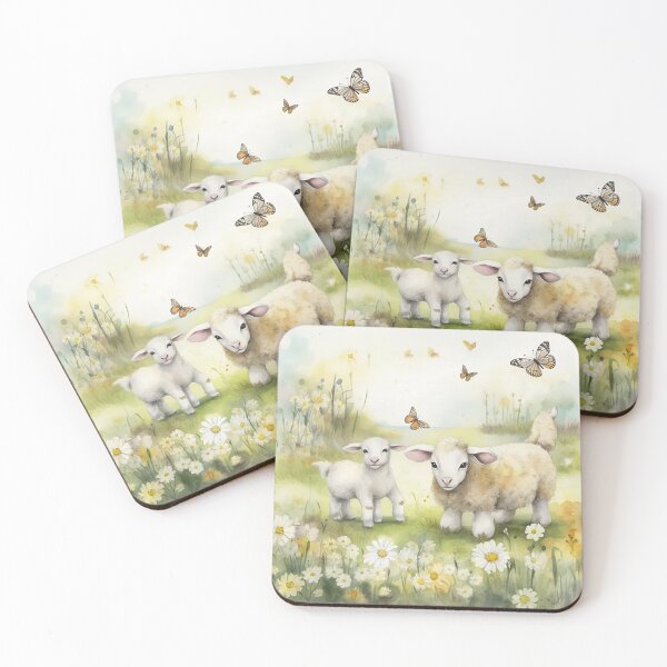 Item preview, Spring Meadow Frolic with Adorable Lambs Watercolor designed and sold by PaintbrushPlace.