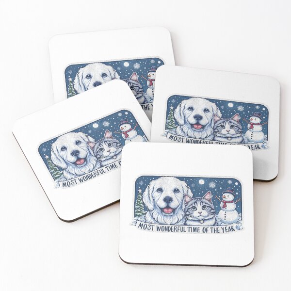 Item preview, Most Wonderful Time Of The Year Dog Cat Snowman White Christmas designed and sold by plushism.