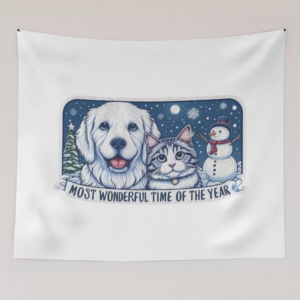 Item preview, Most Wonderful Time Of The Year Dog Cat Snowman White Christmas designed and sold by plushism.