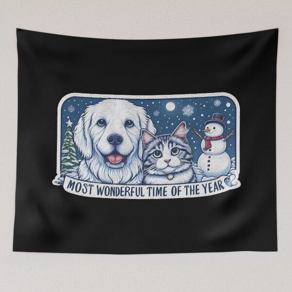 Item preview, Most Wonderful Time Of The Year Dog Cat Snowman White Christmas designed and sold by plushism.