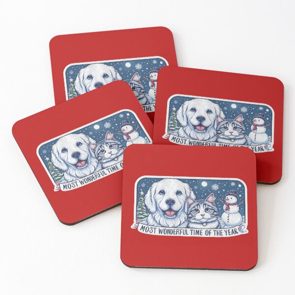 Item preview, Most Wonderful Time Of The Year Dog Cat Snowman White Christmas designed and sold by plushism.