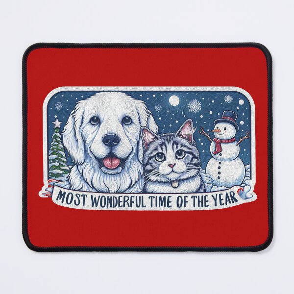 Item preview, Most Wonderful Time Of The Year Dog Cat Snowman White Christmas designed and sold by plushism.