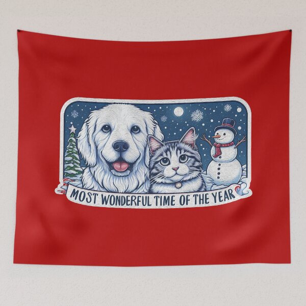 Item preview, Most Wonderful Time Of The Year Dog Cat Snowman White Christmas designed and sold by plushism.