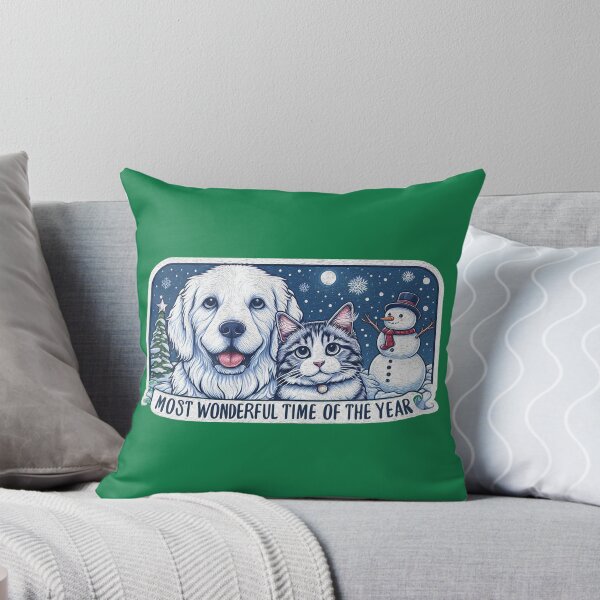 Item preview, Most Wonderful Time Of The Year Dog Cat Snowman White Christmas designed and sold by plushism.