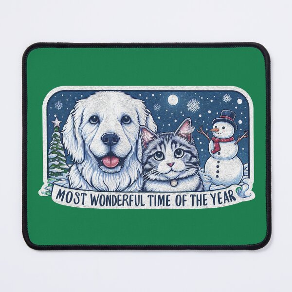 Item preview, Most Wonderful Time Of The Year Dog Cat Snowman White Christmas designed and sold by plushism.