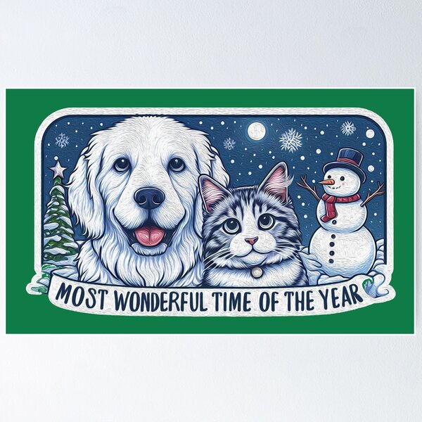 Item preview, Most Wonderful Time Of The Year Dog Cat Snowman White Christmas designed and sold by plushism.