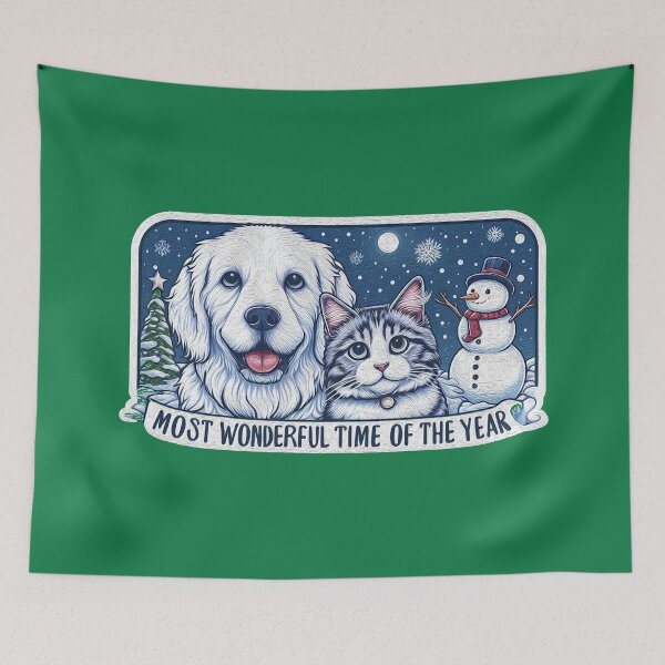 Item preview, Most Wonderful Time Of The Year Dog Cat Snowman White Christmas designed and sold by plushism.