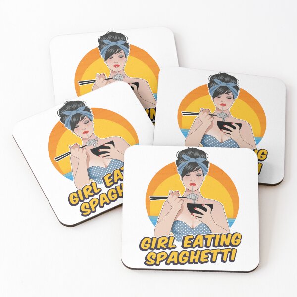 Item preview, Girl eating spaghetti against a sunset background retro designed and sold by DragonflyLP.