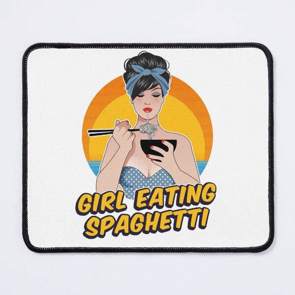 Item preview, Girl eating spaghetti against a sunset background retro designed and sold by DragonflyLP.
