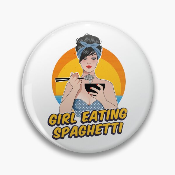 Item preview, Girl eating spaghetti against a sunset background retro designed and sold by DragonflyLP.